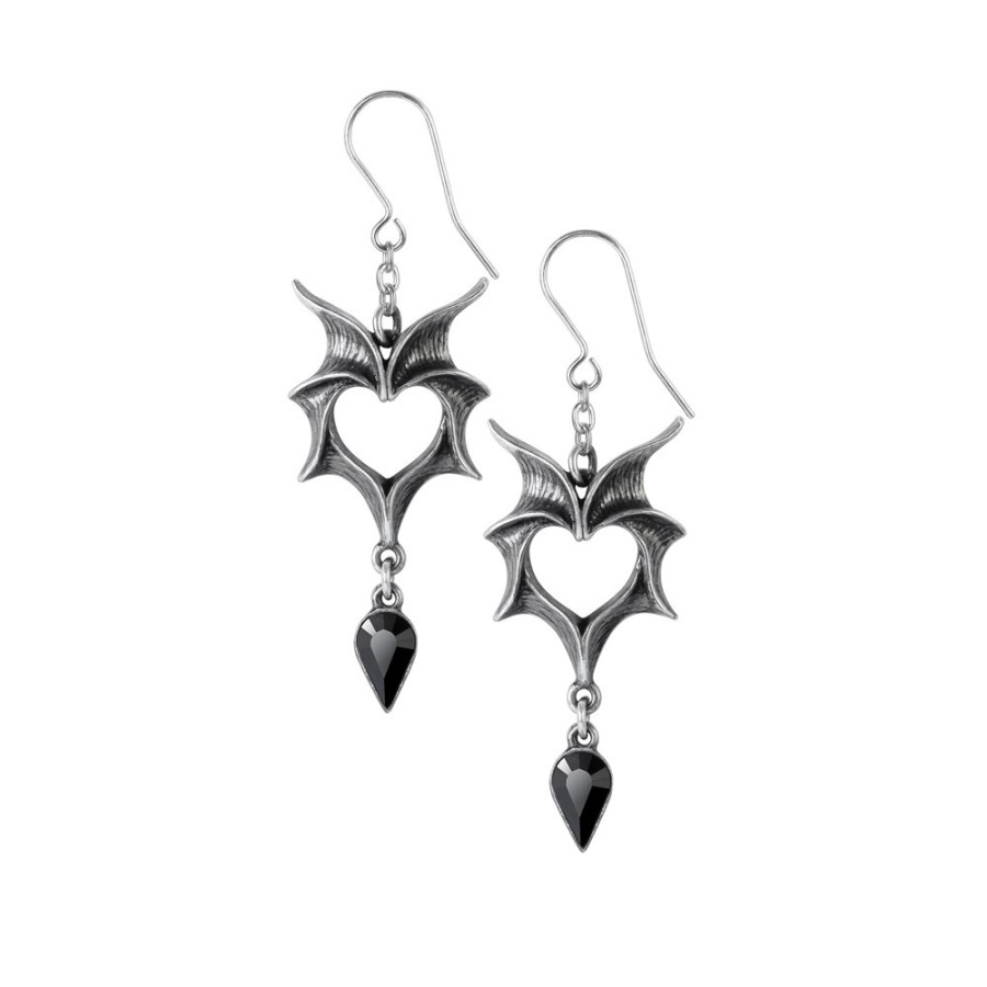 Alchemy Gothic Orecchini Love Bats – Pipistrelli A Cuore, Colore Argento, Con Cristalli